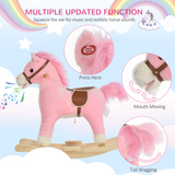 HOMCOM Plush Rocking Horse with Moving Mouth, Wagging Tail & Sounds – Toddler Ride-On, 36-72 Months, Pink