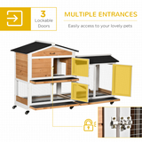 PawHut Wooden Rabbit Hutch & Guinea Pig Cage with Wheels, Run, Slide-Out Tray & Ramp – Two-Floor Outdoor House