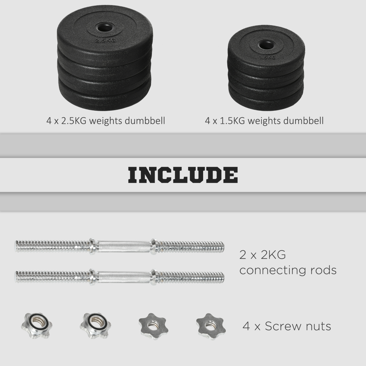 HOMCOM 20kg Adjustable Dumbbell Set with Non-Slip Grips & Stackable Plates – Home Gym Hand Weights, Black
