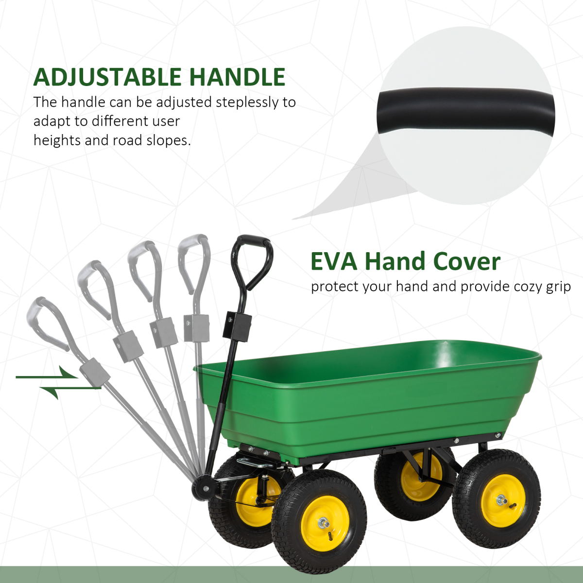 Outsunny 125L Heavy Duty 4-Wheel Garden Cart with Tipping Mechanism – Steel Trolley Wheelbarrow, Green
