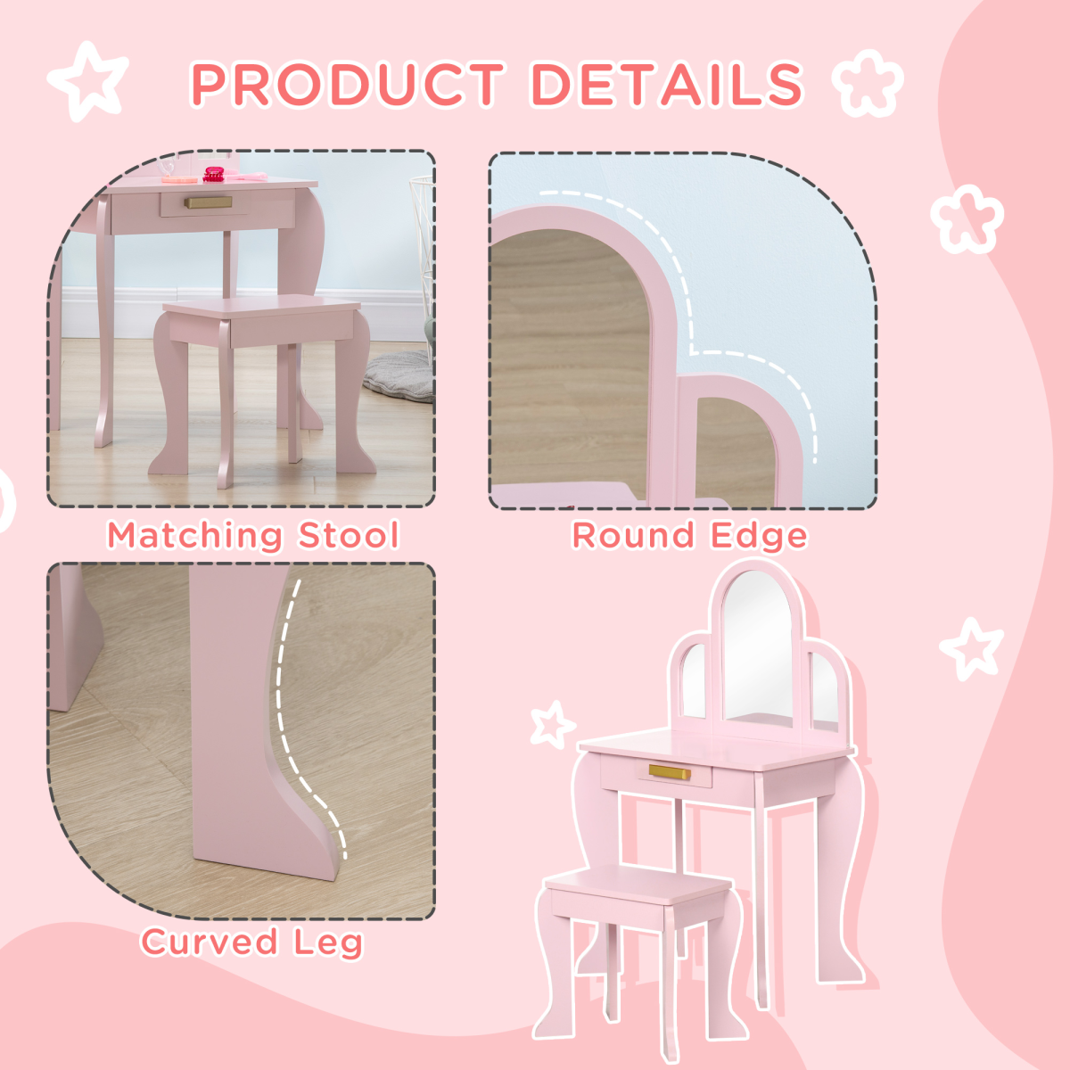 Kids Dressing Table and Stool Set with Mirror and Drawer – Vanity Table for Ages 3-6 Years, Pink