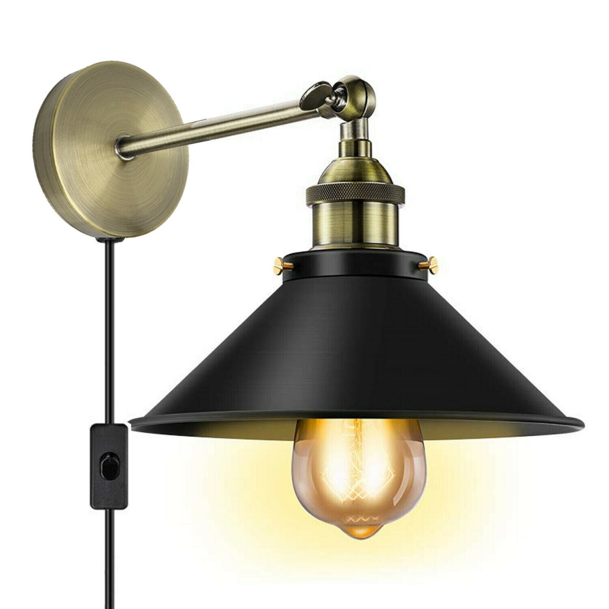 LEDSone Vintage Plug-In Wall Light with 180cm Cord, E27 Holder & Free Bulb – Industrial Sconce, Black