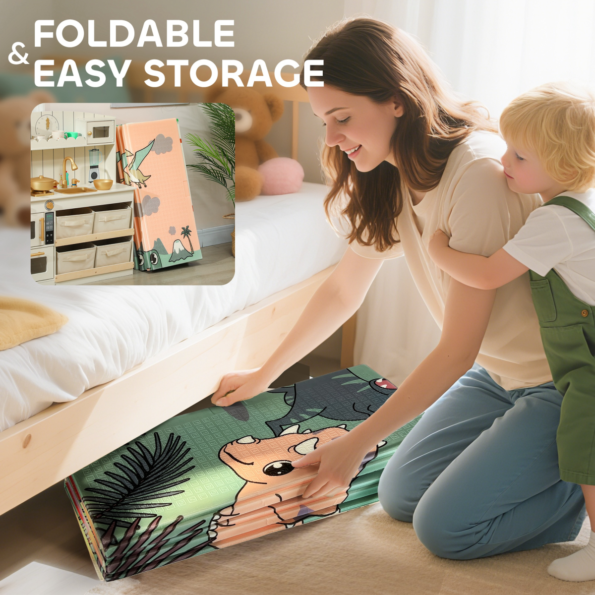 Foldable Baby Play Mat – Reversible Dinosaur Foam Crawling Mat, 196 x 176 cm
