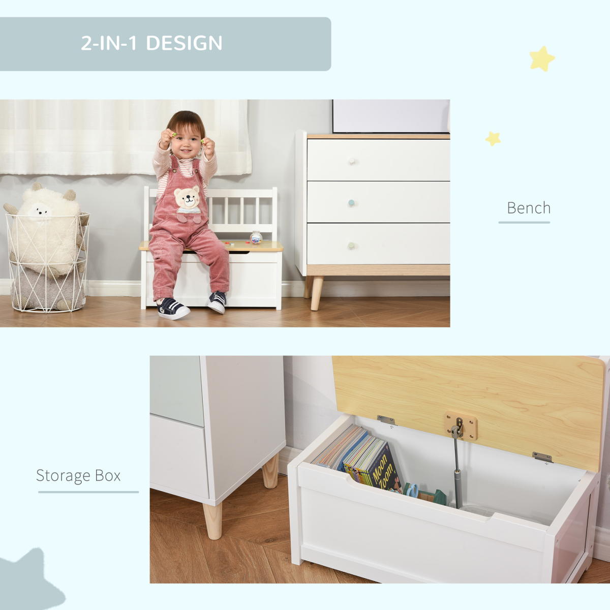 HOMCOM 2-in-1 Wooden Toy Box and Kids Seat Bench – Storage Chest, 60 x 30 x 50cm, White