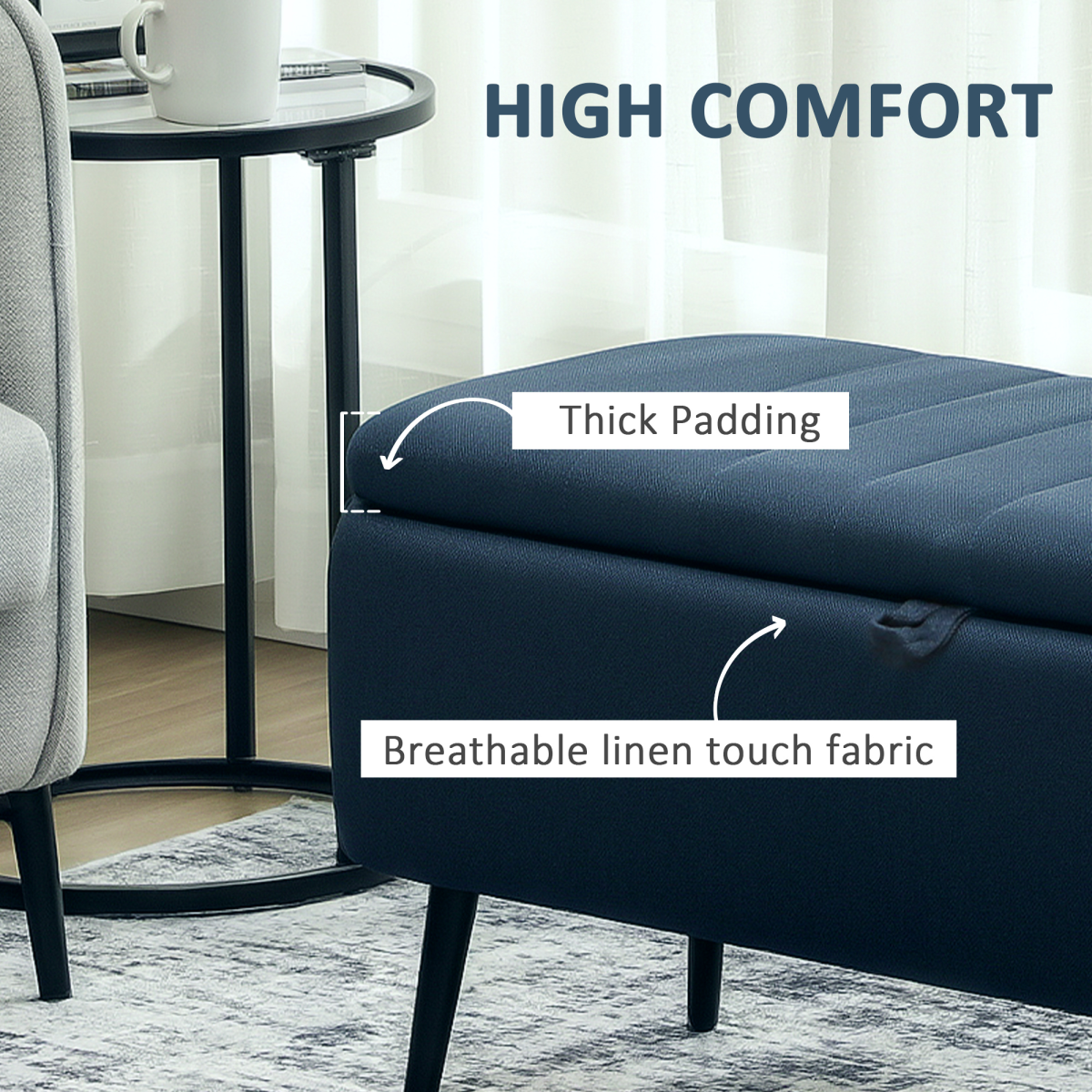 Storage Ottoman Bench with Padded Lid & Steel Legs – 102cm Linen-Touch Footstool with Hidden Storage, Dark Blue