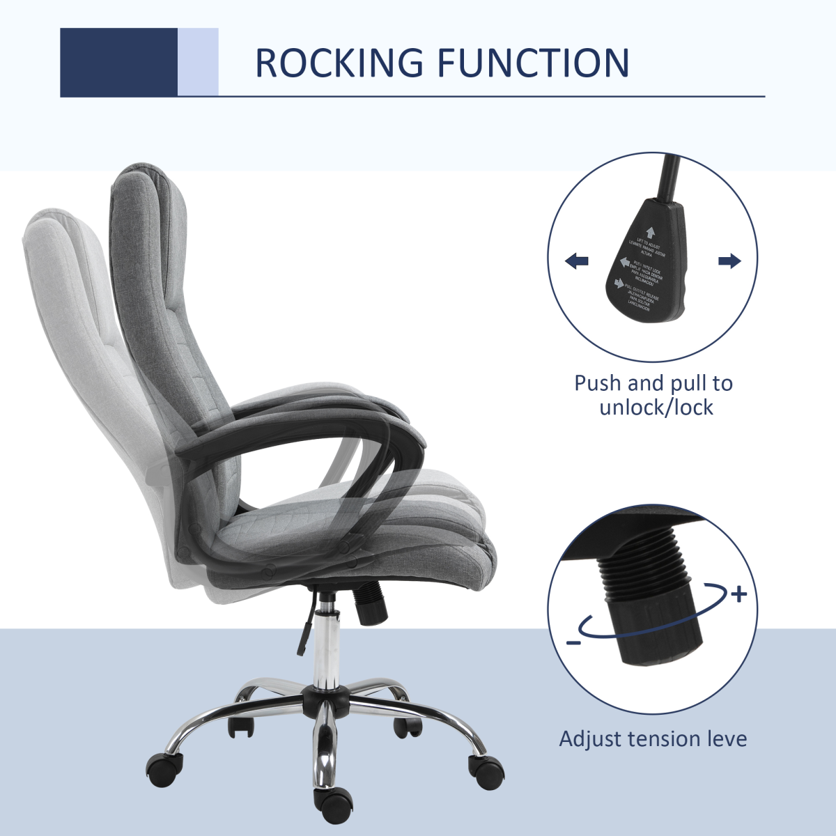 High Back Linen-Look Office Chair with Wide Seat & Rocking Function, Height Adjustable – Home Office Chair, Grey