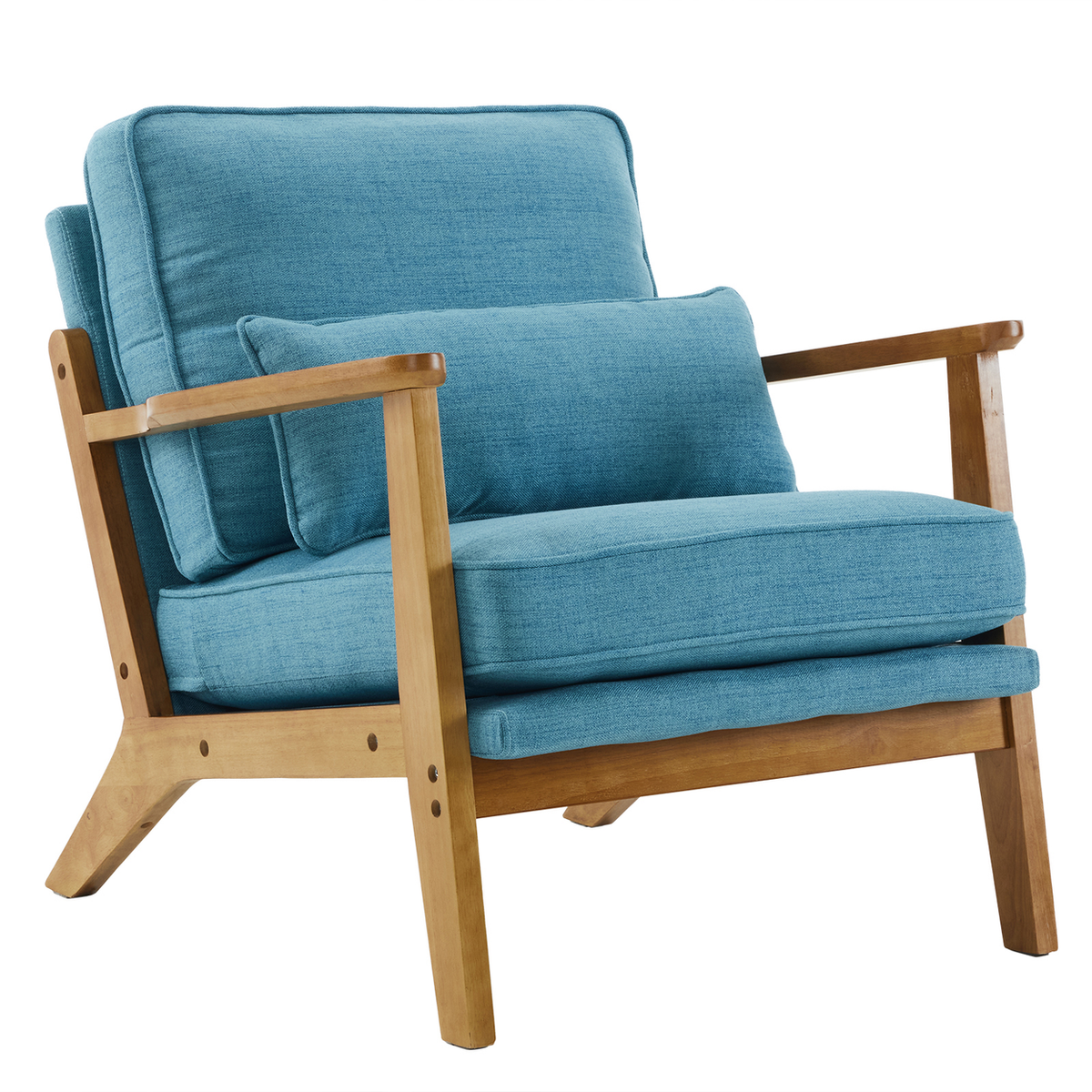 Mid-Century Oak Accent Chair with Navy Blue Linen-Cotton Upholstery and Lumbar Pillow – Indoor Armchair