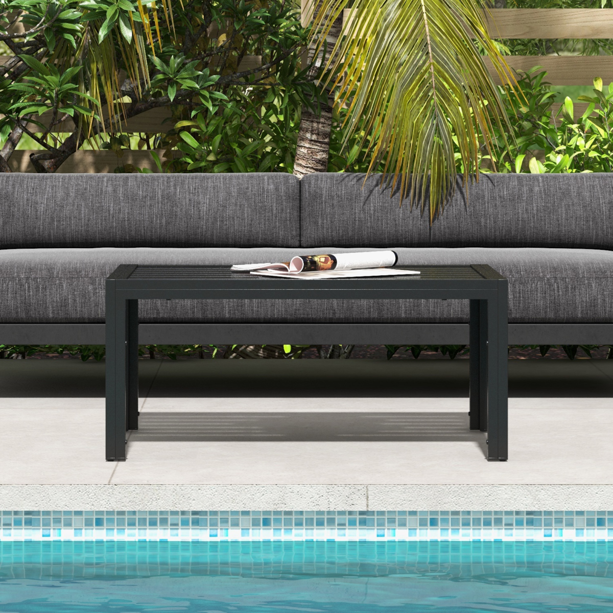 Outsunny Outdoor Side Table with Slatted Top & Galvanised Steel Frame – Patio, Balcony & Garden Table, Black