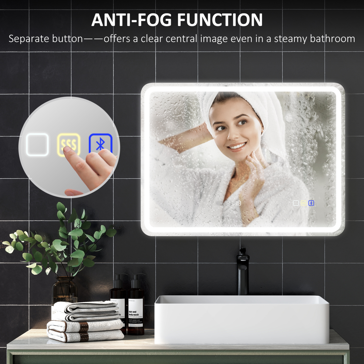 LED Bathroom Mirror 80 x 60cm with Bluetooth Speaker, Digital Clock & Demister – Horizontal Wall Mount