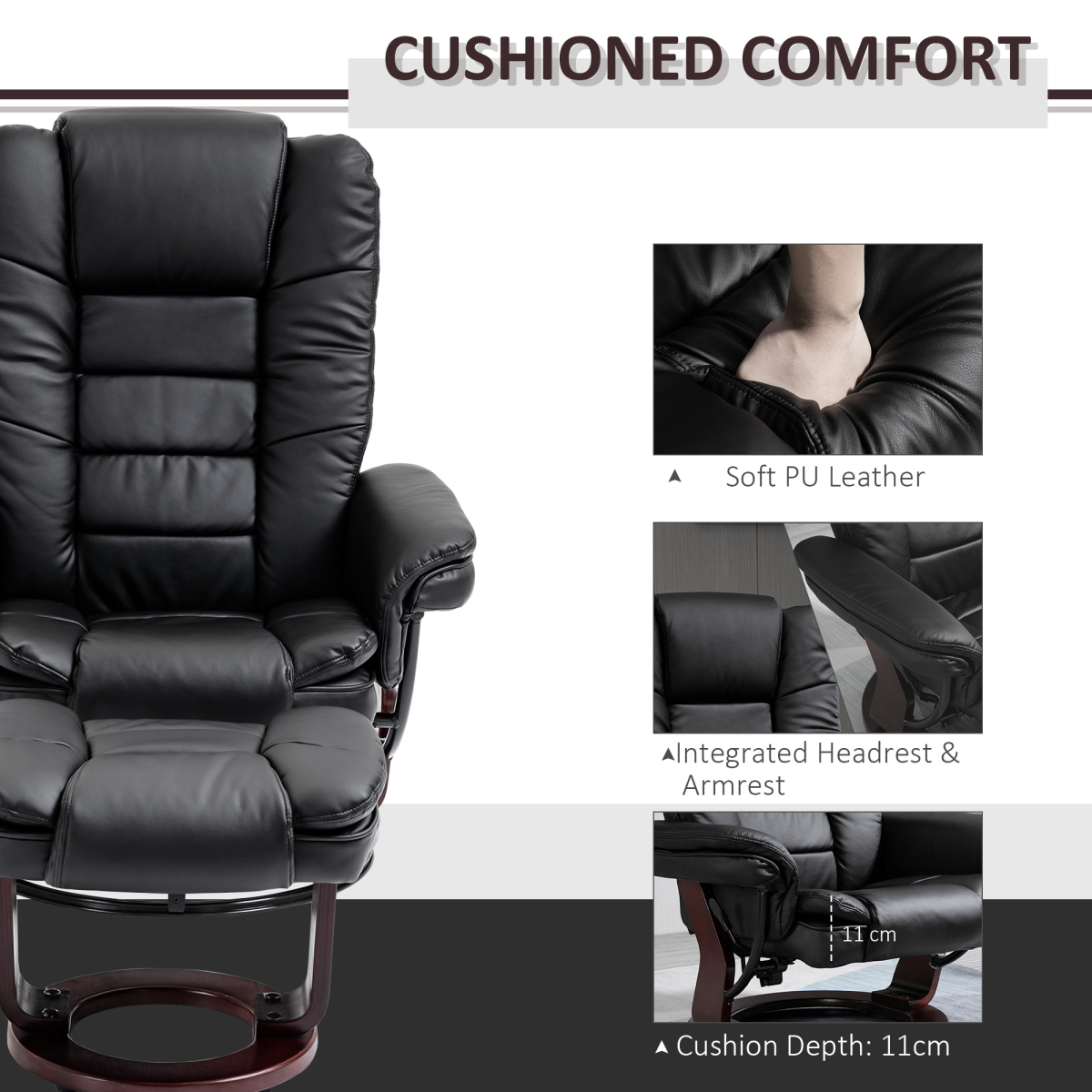 Swivel Manual Recliner Chair with Footstool – PU Faux Leather Lounge Armchair, Wood Base, 135° Recline, Black