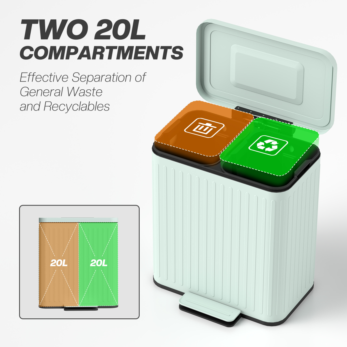 Dual Kitchen Pedal Bin with 2 x 20L Removable Buckets – Powder Coated Metal Recycling Bin, Green