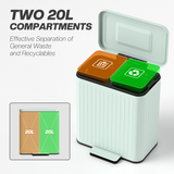 Dual Kitchen Pedal Bin with 2 x 20L Removable Buckets – Powder Coated Metal Recycling Bin, Green