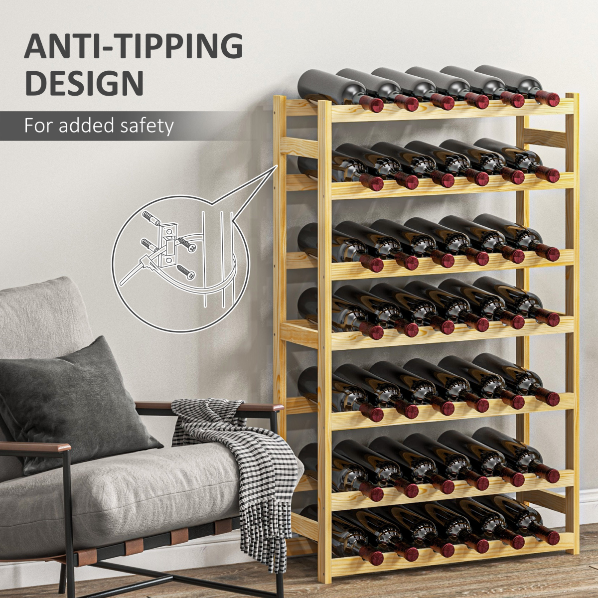 HOMCOM Freestanding Wooden Wine Rack for 42 Bottles – Pine Kitchen & Dining Storage, Natural
