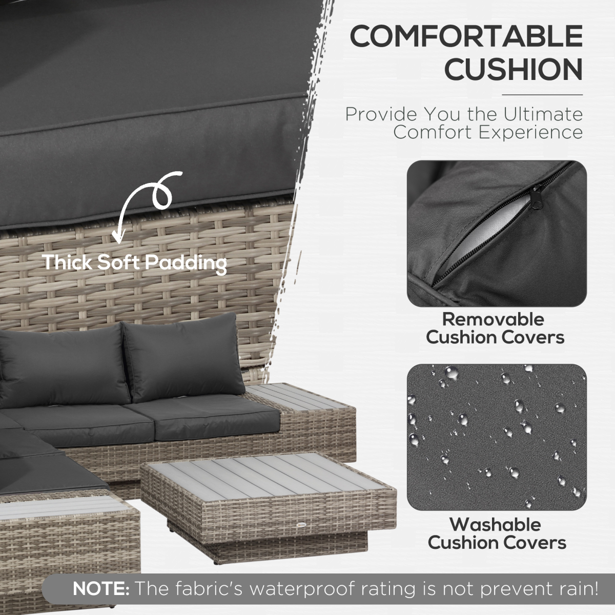 Outsunny Rattan Sectional Corner Sofa Set with Coffee Table & Padded Cushions – Patio Furniture, Light Grey