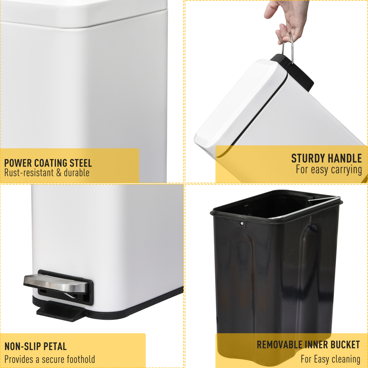 HOMCOM 5L Rectangular Steel Pedal Bin with Soft-Close Lid & Removable Inner Bucket – Compact White Kitchen Bin