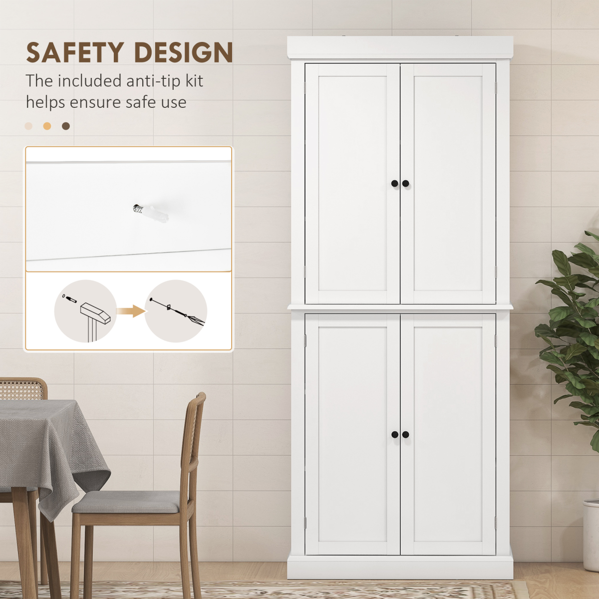 HOMCOM Freestanding Kitchen Cupboard with Six Inner Shelves, Four Adjustable – Larder Storage Cabinet, White