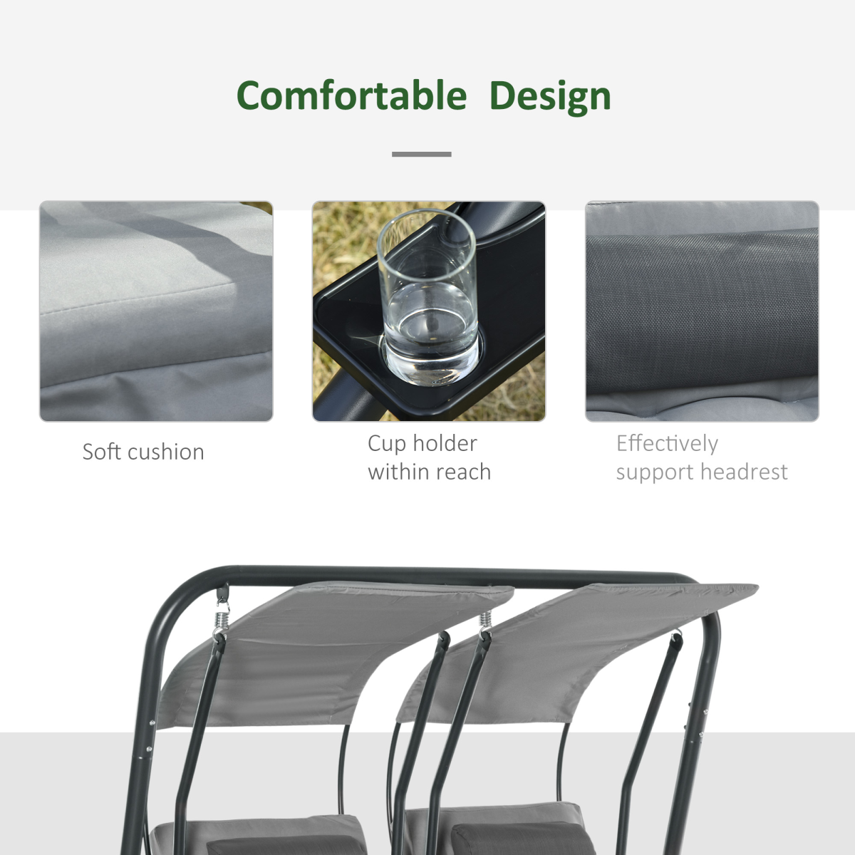 Outsunny Canopy Double Garden Swing with 2 Separate Chairs & Steel Frame – Patio Swing Seat, Grey