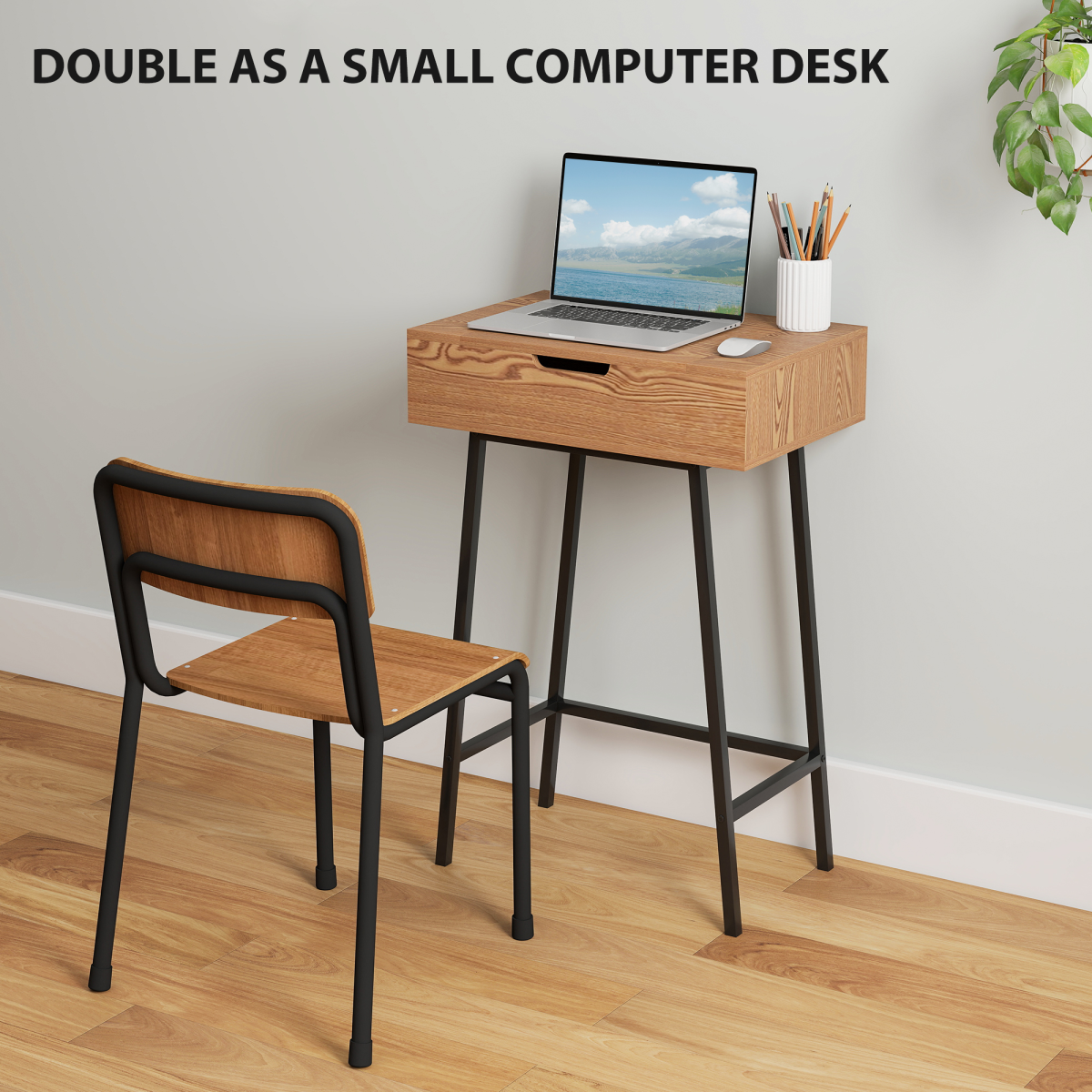 HOMCOM Industrial Vanity Desk with Flip-Up Mirror, 16 Hidden Compartments and Steel Legs – Natural Wood Effect