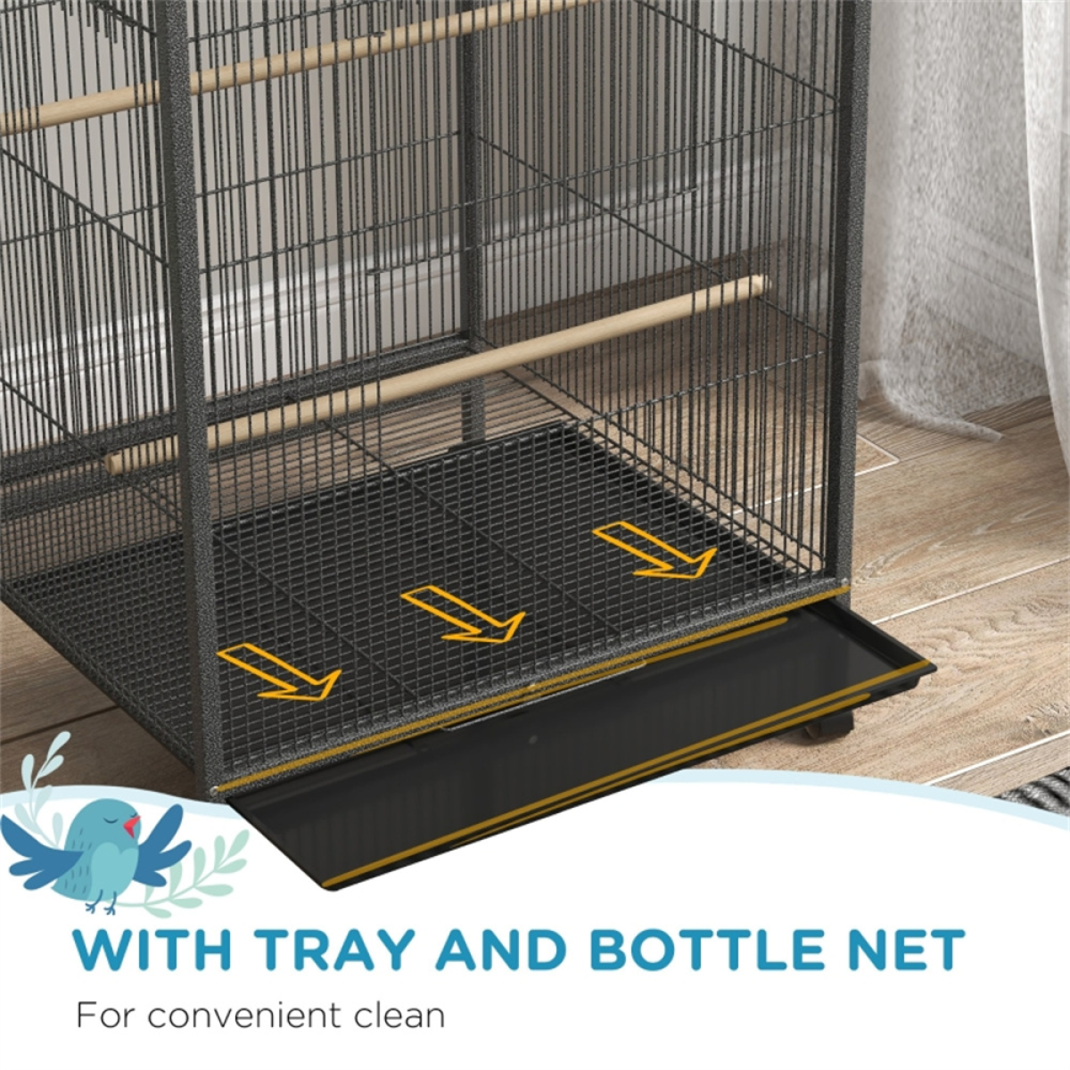 Rolling Bird Cage with Stand – Budgie, Canary and Finch Cage with Swing, Perches, Bowls and Storage Shelf, Grey