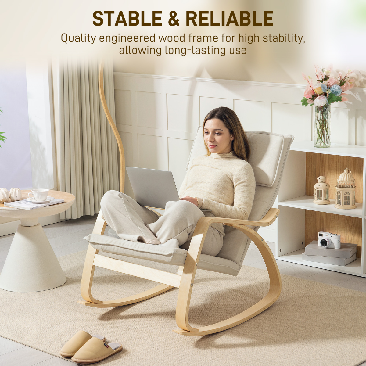 HOMCOM High Back Relax Rocking Chair with Padded Seat & Linen-Feel Fabric – Cream White