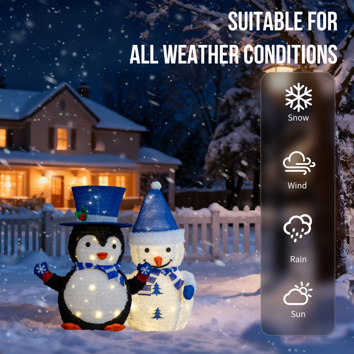 Set of 2 Lighted Plush Penguin and Snowman Christmas Decorations with 100 Warm White Lights – Indoor & Outdoor