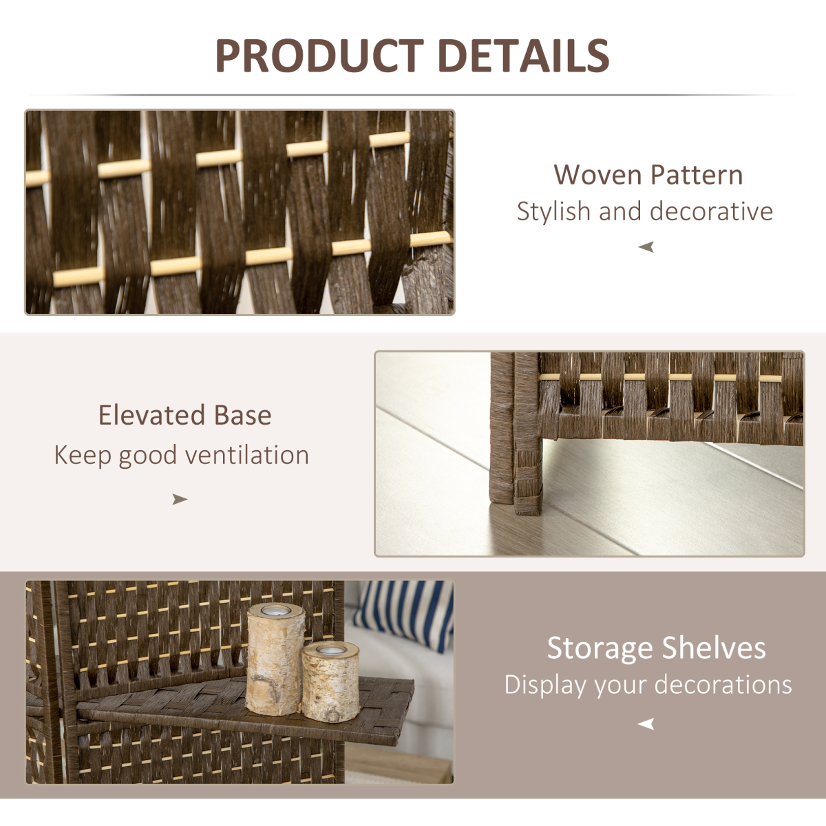 4-Panel Folding Room Divider with Shelves – Woven Wicker Effect Privacy Screen with Wood Frame, Brown
