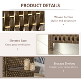 4-Panel Folding Room Divider with Shelves – Woven Wicker Effect Privacy Screen with Wood Frame, Brown
