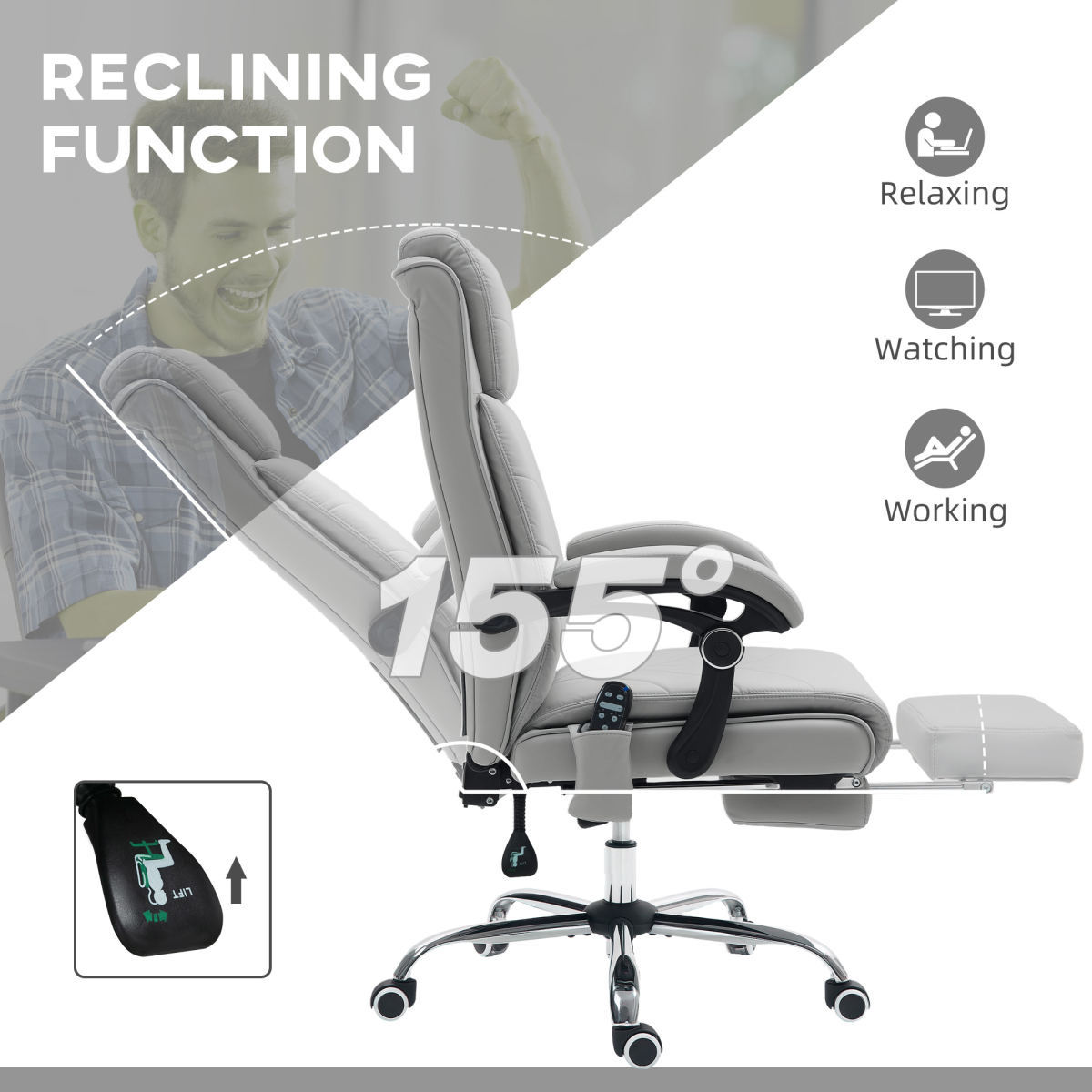 Vinsetto Heated Massage Office Chair with 4-Point Vibration, Footrest & Remote – Light Grey PU Leather