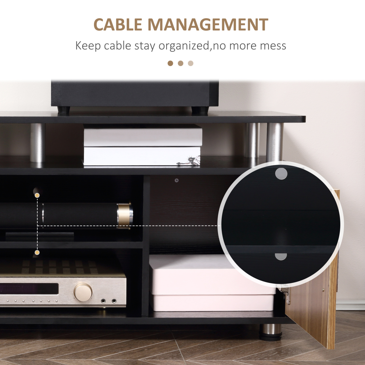 HOMCOM TV Cabinet Media Console with Cupboards, Shelves & Cable Management – Living Room Unit, Black & Walnut