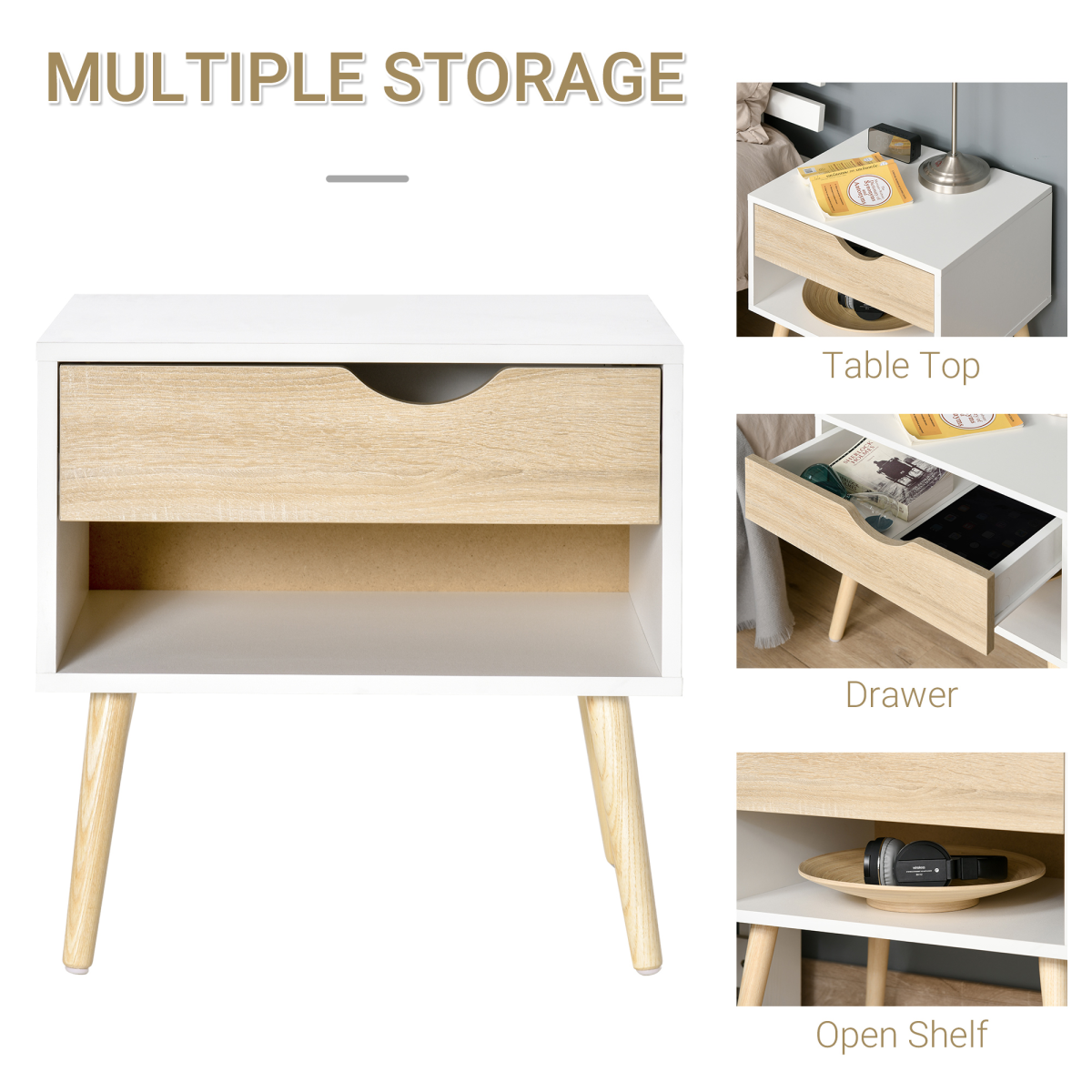 HOMCOM Bedside Table with Drawer and Open Shelf – Modern Nightstand and Side Table with Solid Wood Legs