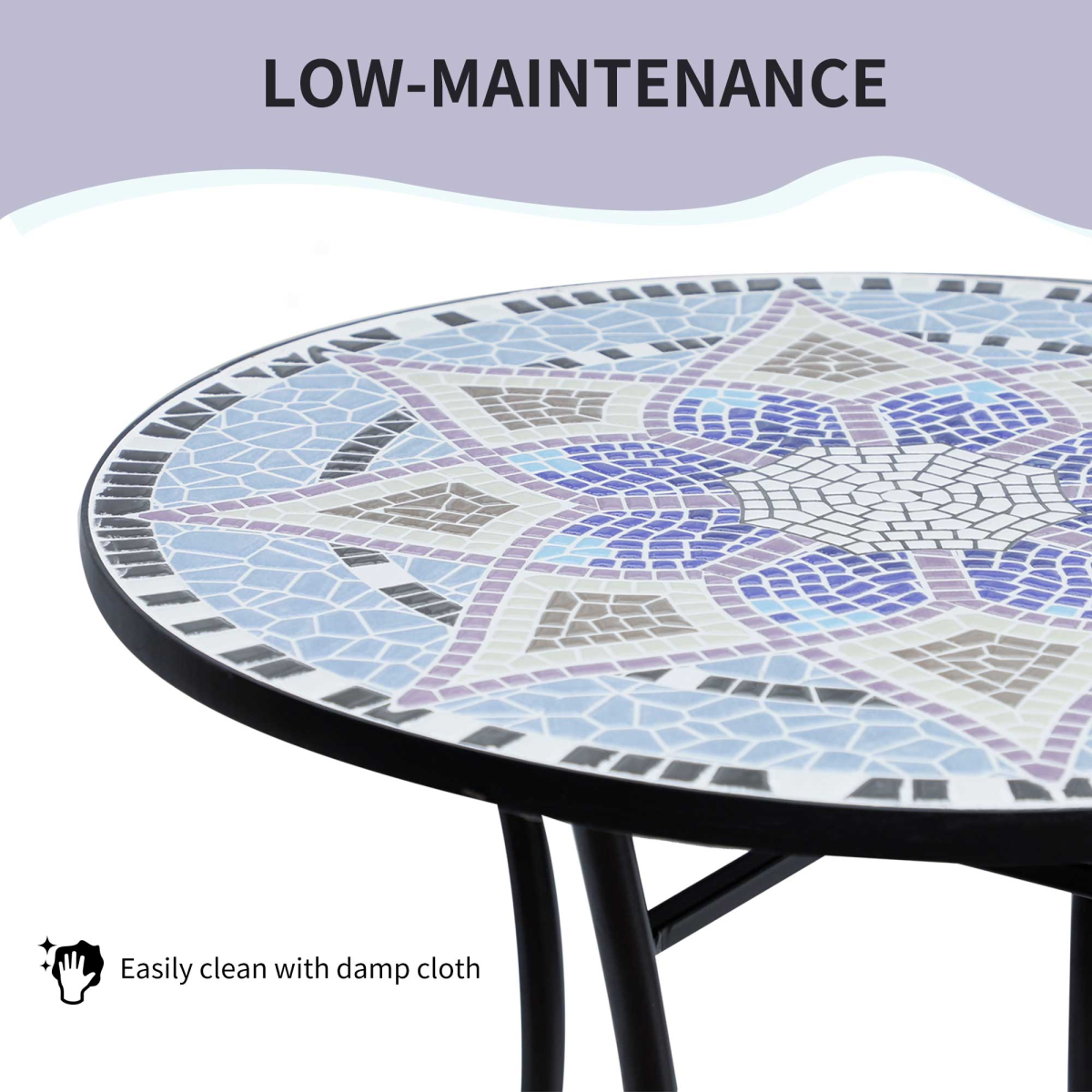 Outsunny Mosaic Round Patio Side Table with Ceramic Top, 60cm – Metal Frame Garden Table, Black/Blue/White