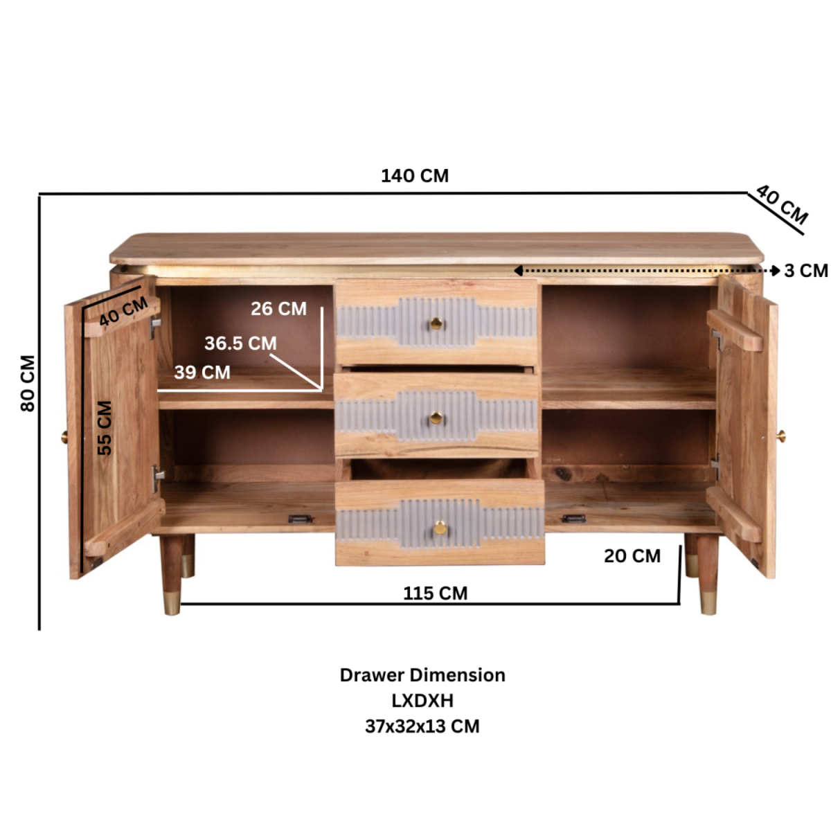 Wilton Acacia Wood Sideboard with 2 Doors & 3 Drawers – Hand-Crafted Dining & Living Room Storage