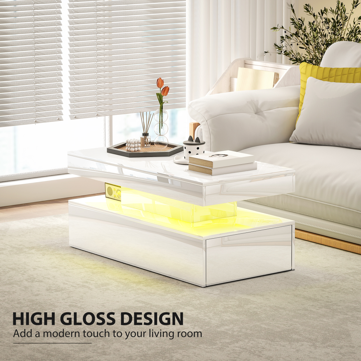 HOMCOM LED Coffee Table with Storage Drawers & Open Shelf, Remote Control – High Gloss Living Room Table, White
