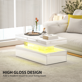HOMCOM LED Coffee Table with Storage Drawers & Open Shelf, Remote Control – High Gloss Living Room Table, White