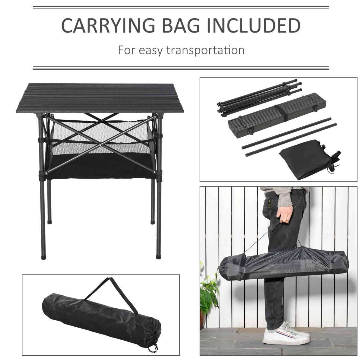Aluminium Roll-Top Folding Camping Table with Mesh Storage Bag – Portable Picnic Table, Black