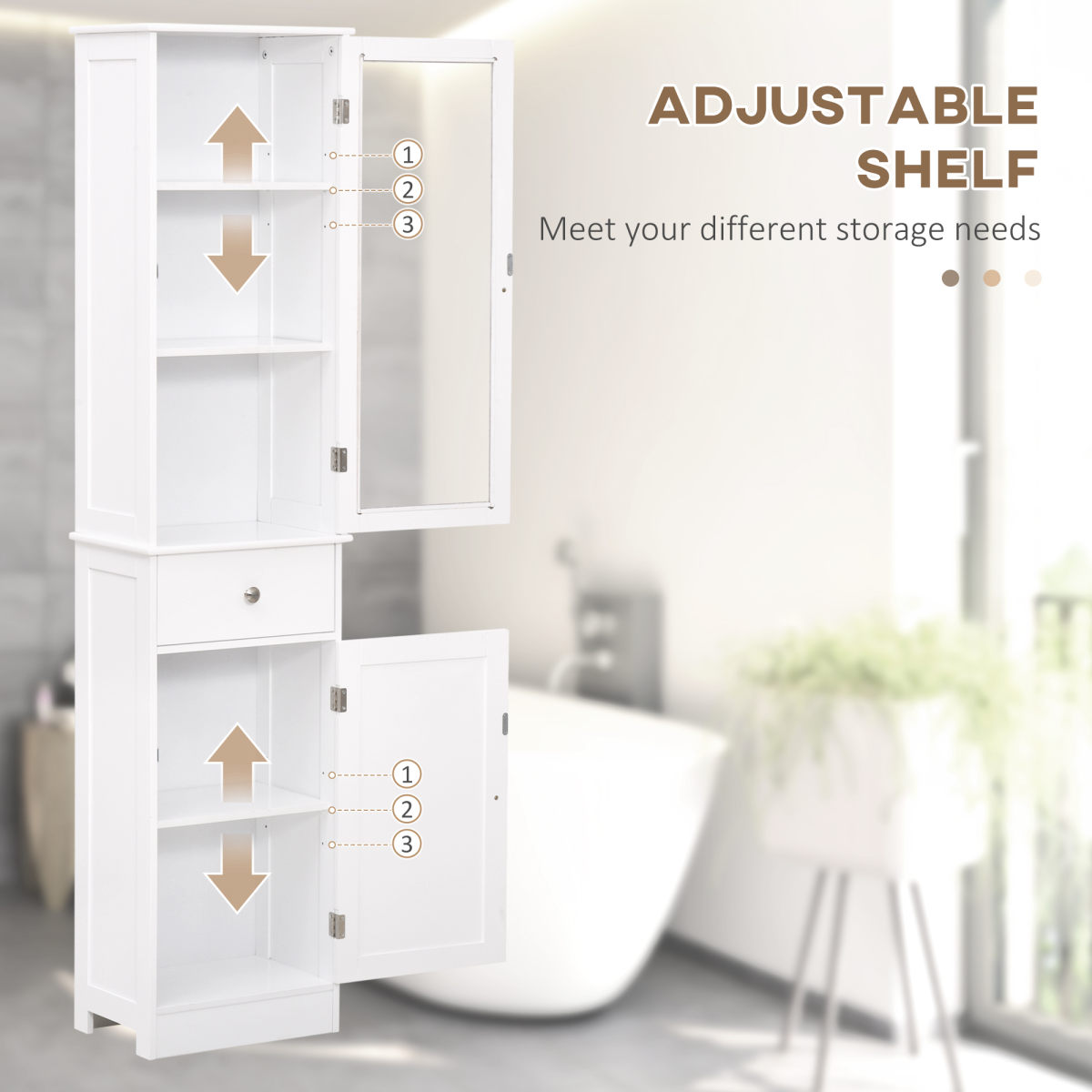 kleankin Tall Bathroom Storage Cabinet with 3 Open Shelves and Acrylic Door – Narrow Anti-Toppling Unit, White