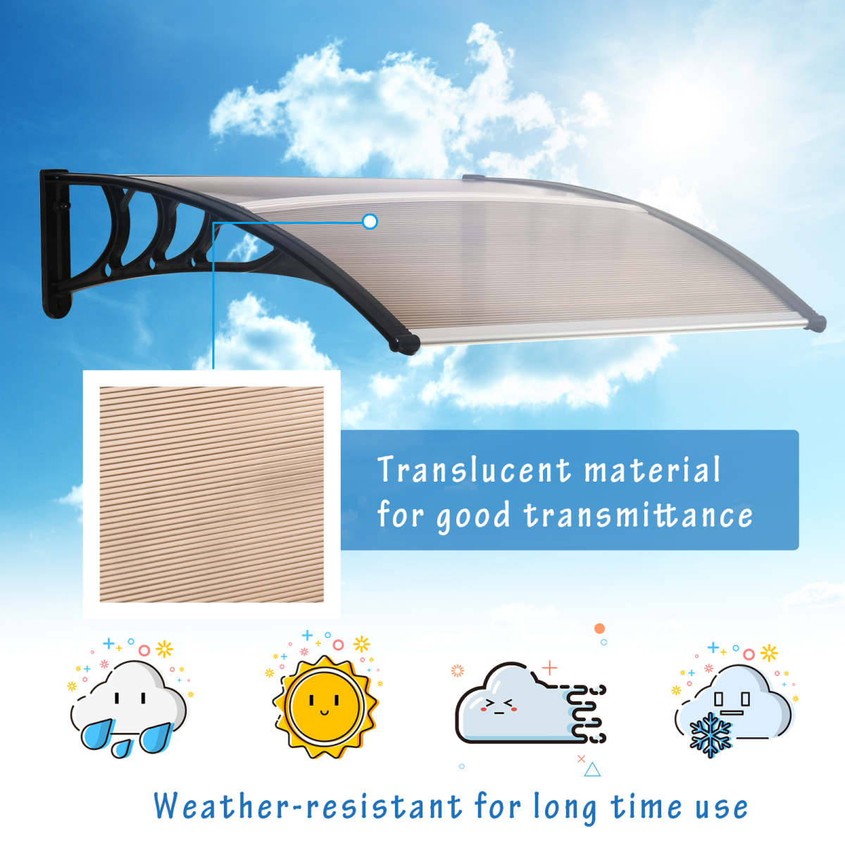 Outsunny Curved Polycarbonate Door Awning with Black Bracket – Rain and UV Protection, Brown