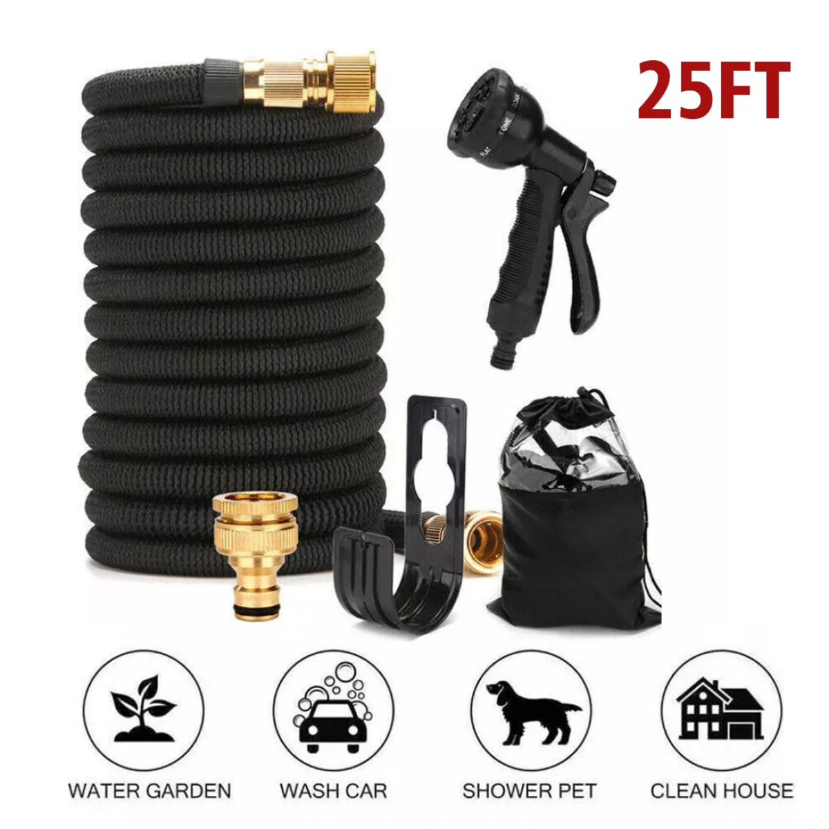 Expandable Garden Hose Pipe, 25ft (7.5m) with 8-Pattern Spray Gun – Flexible Garden Watering Hose