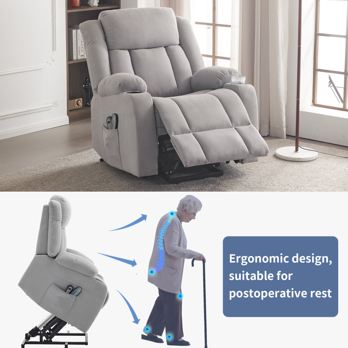 Electric Riser Recliner Chair with 8-Point Massage & Heat – Grey Fabric Lift Chair for Less Mobile Users