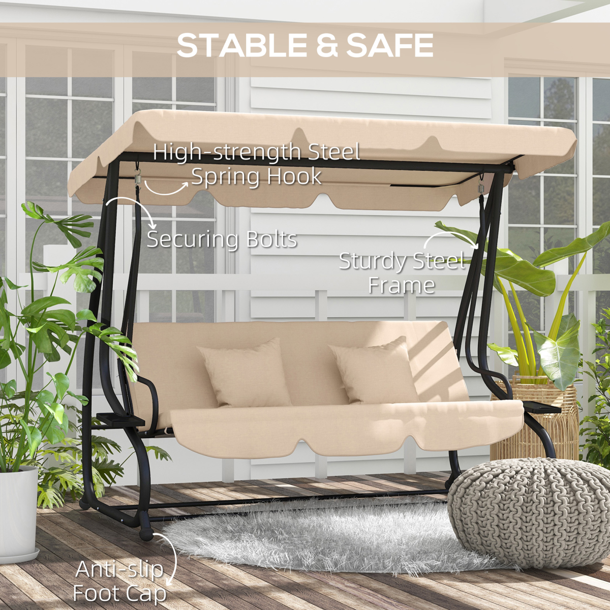 Outsunny 2-in-1 Garden Swing Chair for 3 People with Adjustable Canopy & Convertible Bed – Patio Hammock Seat, Light Brown