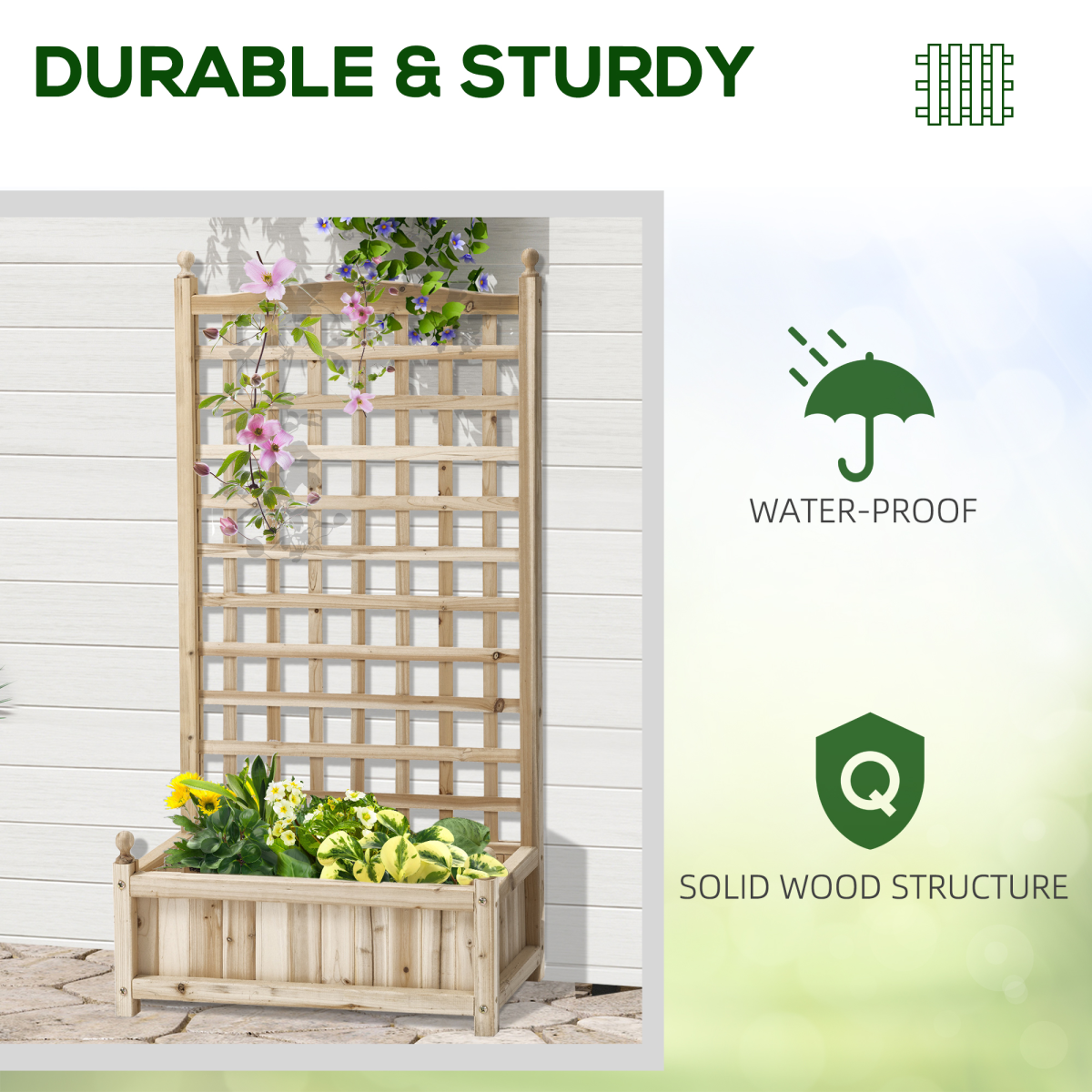 Outsunny Fir Wood Raised Garden Bed with Trellis & Drainage Holes – Indoor Outdoor Planter, Natural