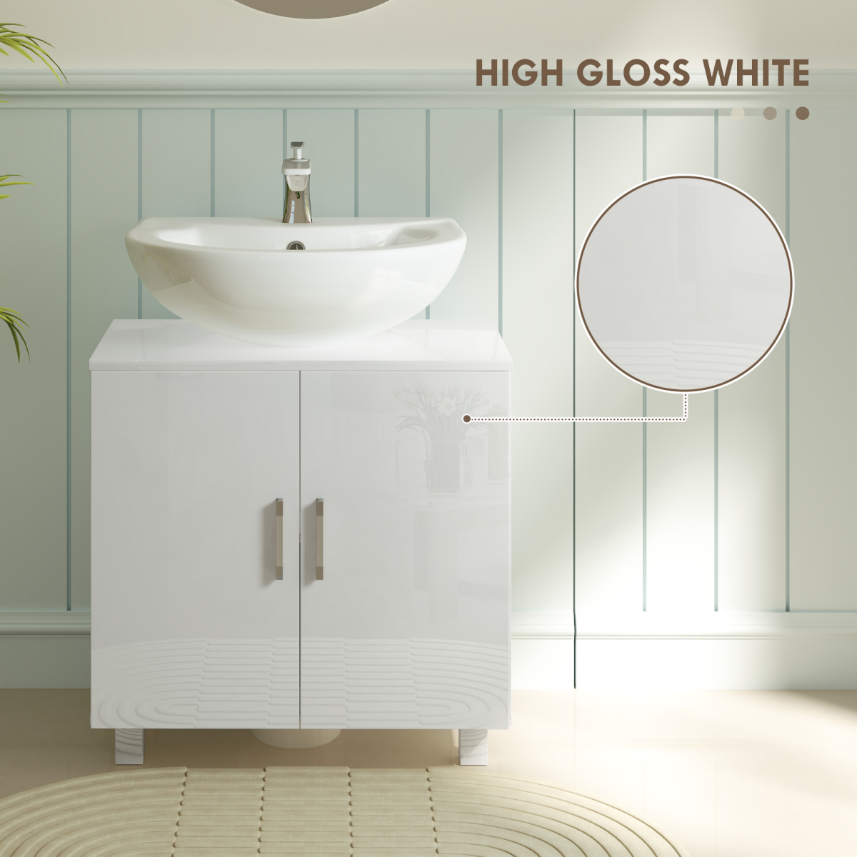 HOMCOM High Gloss Freestanding Under Sink Bathroom Cabinet with U-Shape Cut-Out and Middle Shelf – White