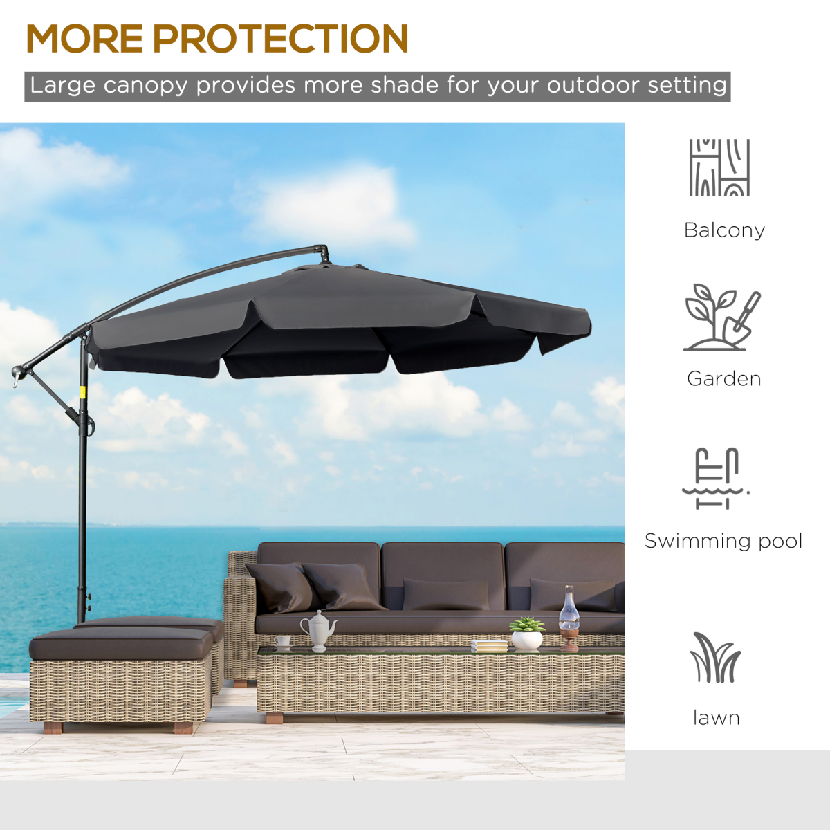 Outsunny 2.7m Cantilever Banana Parasol with Crank Handle & Cross Base – Garden Sun Shade, Black
