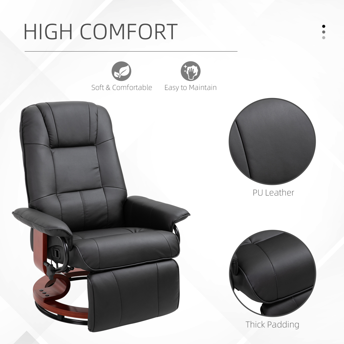 Black recliner armchair with footrest, side view