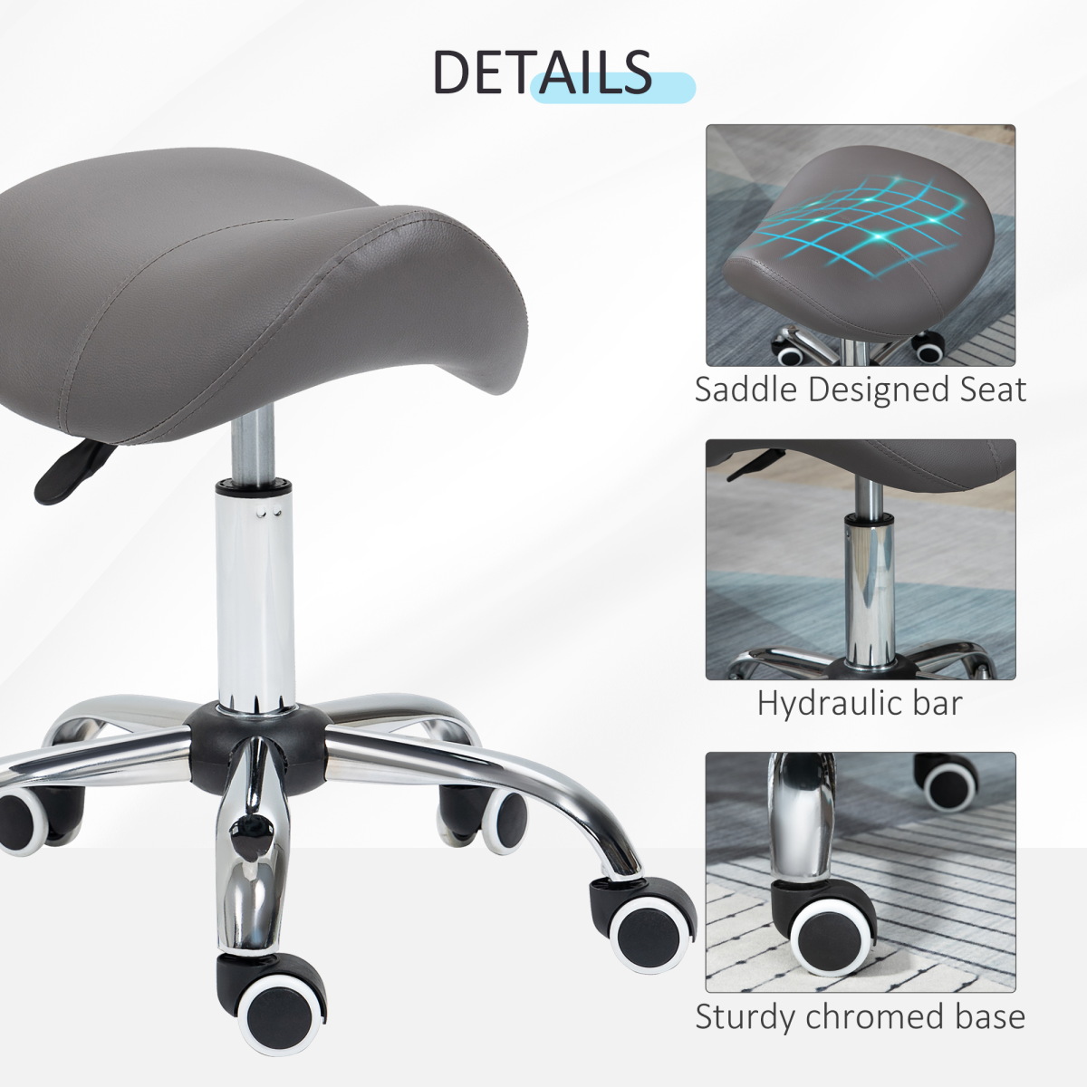 HOMCOM PU Leather Saddle Stool with Padded Seat & Adjustable Height 49–61cm – Salon Stool on Wheels, Grey