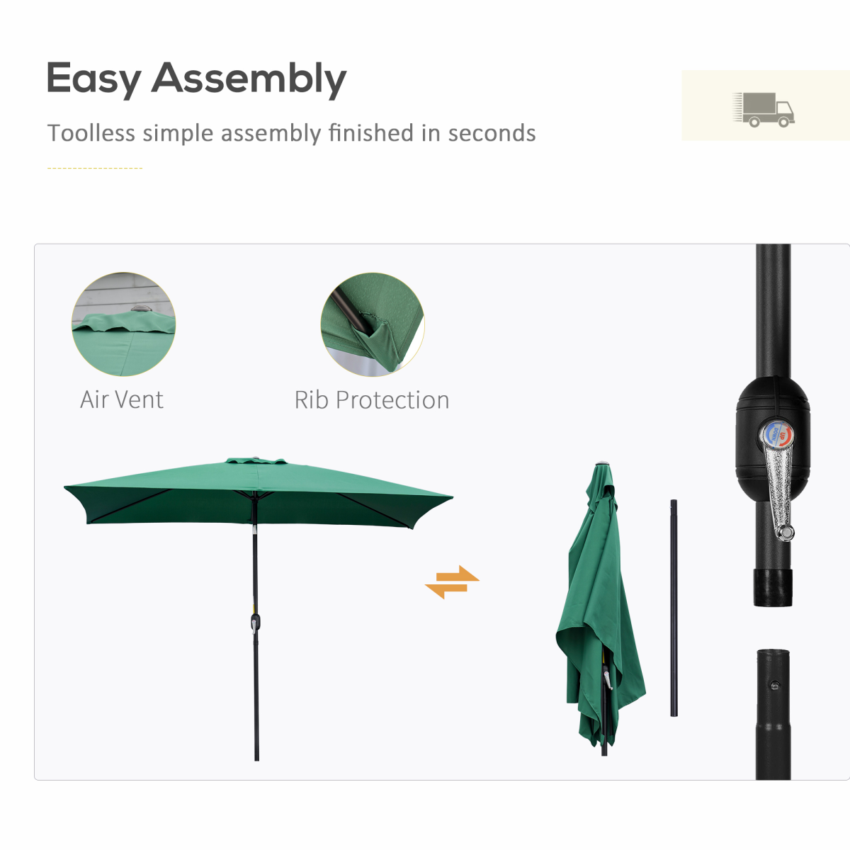 Outsunny 3x2m Patio Parasol with Tilt & Crank Handle, 6 Ribs, UV-Resistant Canopy – Garden Sun Shade, Green