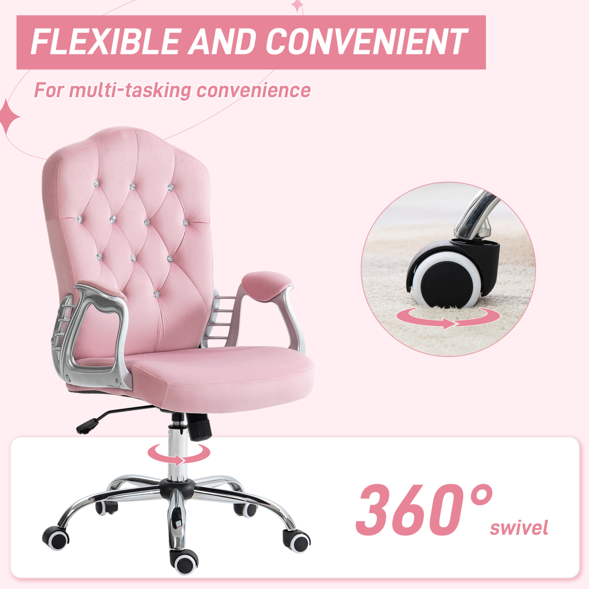 Vinsetto Velvet-Feel Office Chair with Diamanté Back & Adjustable Tilt – Pink Desk Chair