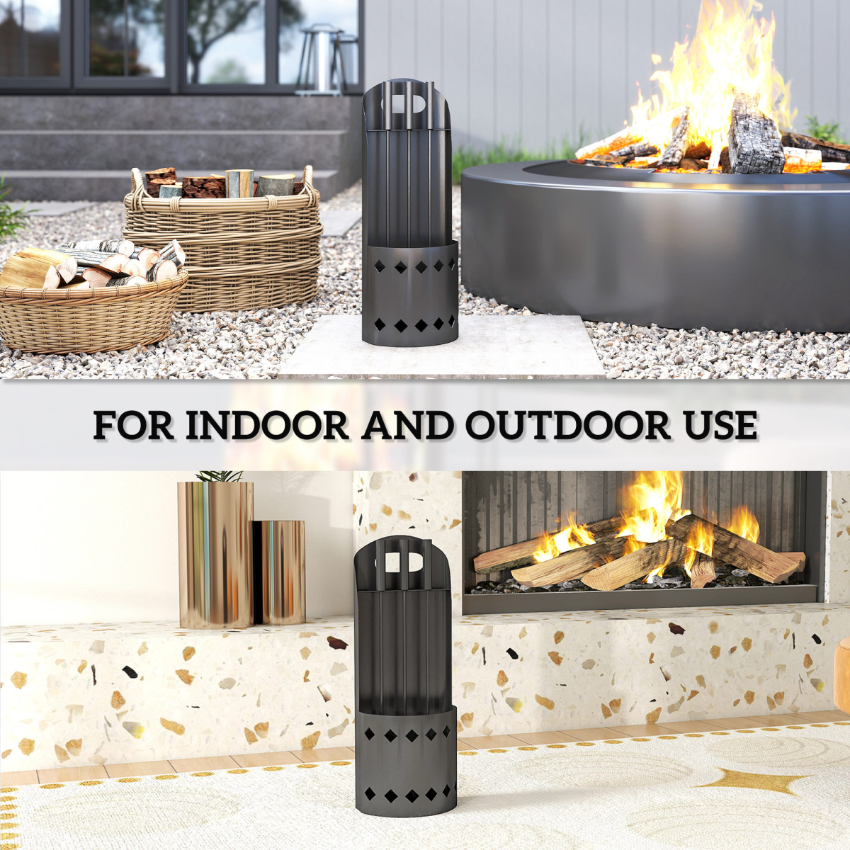 Outsunny 4 Piece Fireplace Companion Set with Broom, Shovel, Poker & Bucket – Powder-Coated Metal, Black