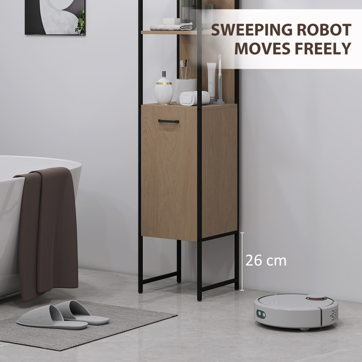 White Bathroom Storage Cabinet with Open & Closed Compartments – Adjustable Shelf, Freestanding Organiser