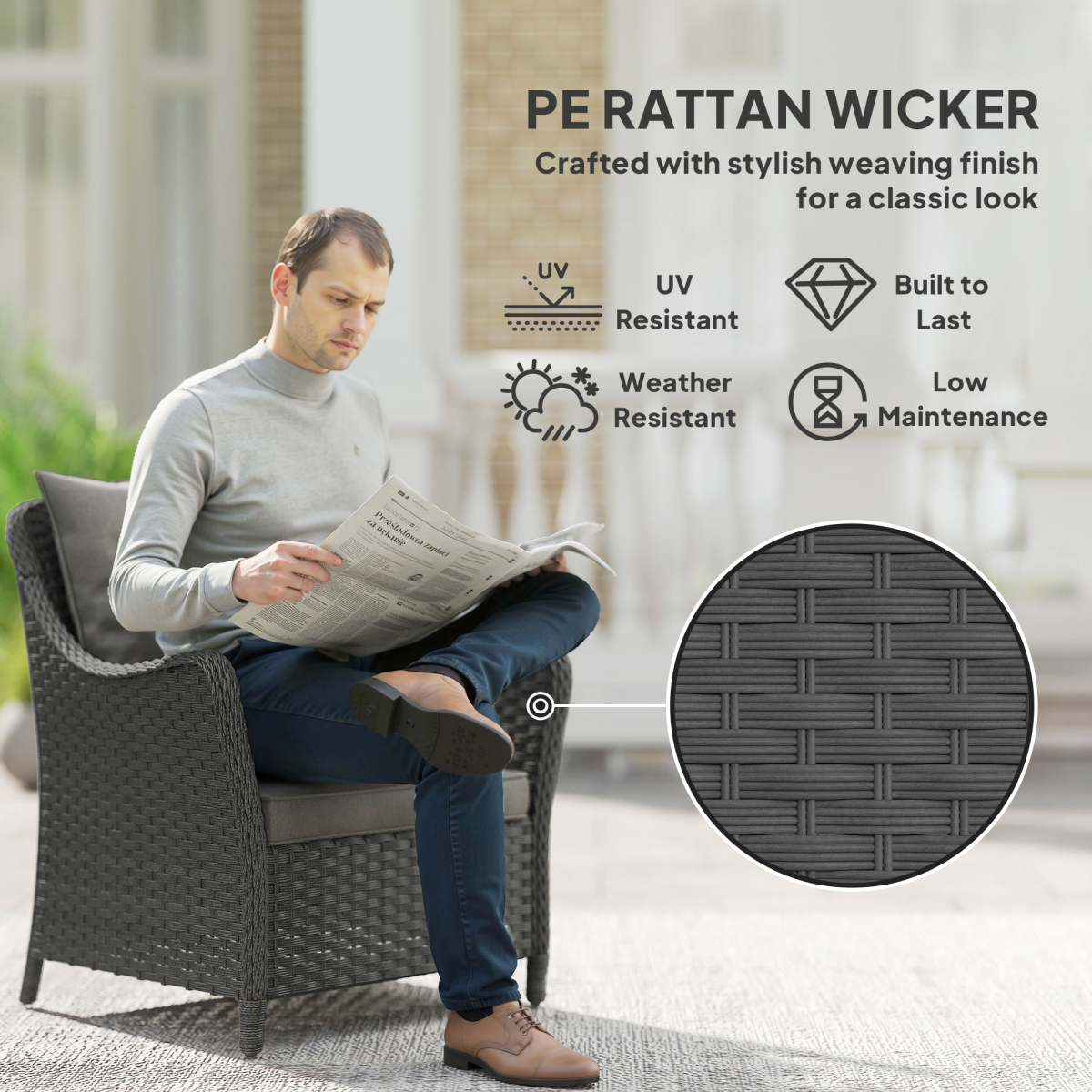 Set of 2 Rattan Garden Chairs with Padded Seat & Back Cushions – Steel Frame Outdoor Armchairs, Dark Grey